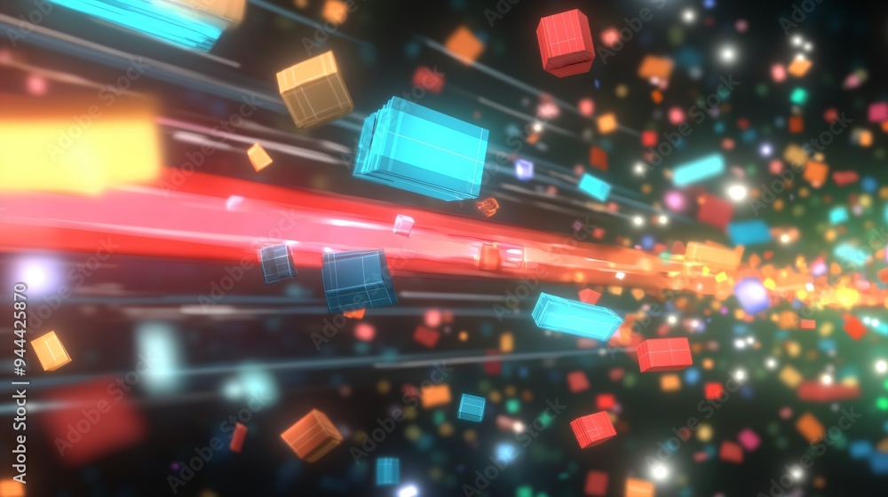 Poster high-speed data transfer in virtual space. 3d rendering style. digital information flow concept. des