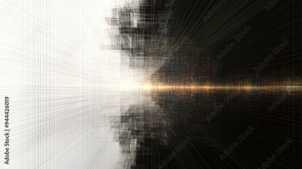 Poster digital horizon with light burst. generative art style. technological breakthrough concept. design f