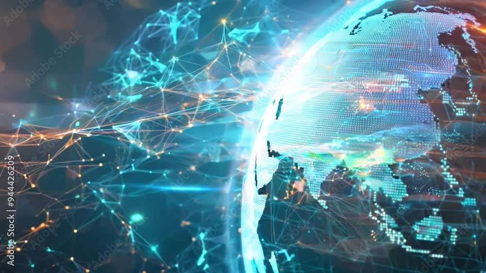 Poster stylized earth enveloped in a web of glowing data connections and lights, illustrating global connec