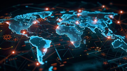 Digitized world map with red dots over countries. hackers concept