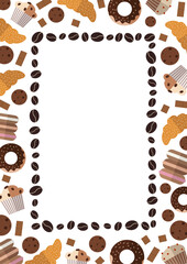 Hand drawn frame with pastry, desserts and coffee beans in flat style. Food illustration design for cards, posters and flyers. Bakery vector background