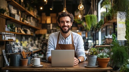 A smiling barista working at a cozy café with plants, during a sunny afternoon in a bustling urban environment