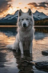 White Husky in Tranquil Lake