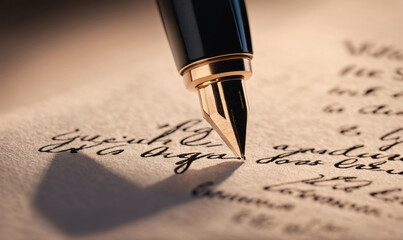 Fototapeta premium A fountain pen rests on a piece of paper with cursive writing, ready to continue the letter
