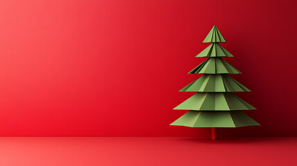 Obraz premium Paper-cut green Christmas tree with a golden star on top against a bright red background. Simple and creative holiday design, minimalistic and festive.