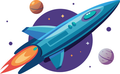 Fototapeta premium Futuristic rocket flying through space among planets, representing innovation, space exploration, and technology in a dynamic illustration.