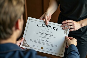 A person holding a certificate in front of another person, suitable for achievement or recognition scenes