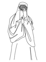 Woman in burka in despair outline vector illustration. A muslim woman in a burqa or burka one line illustration, isolated on white. Refugee poster concept. Save Afghan women