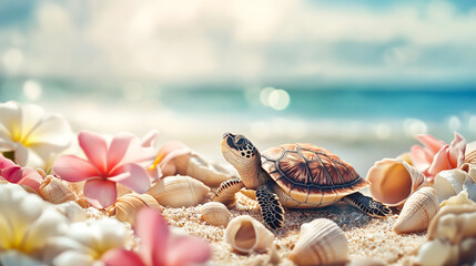 A cute tiny turtle crawling on the beach with flowers, seashells on sunny day