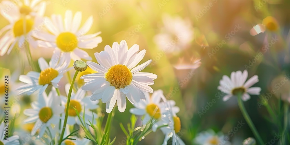 Sticker fresh chamomile flowers in a sunny outdoor field close up view