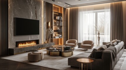 Fototapeta premium Luxurious interior of a modern house. 3D visualization of the interior. Living room, dining room. Fireplace and TV area