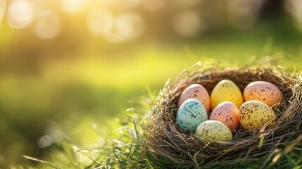 Obraz premium Nest with easter eggs in grass on a sunny spring day