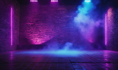 A brick wall illuminated with pink and blue neon lights in a dark, smoky room