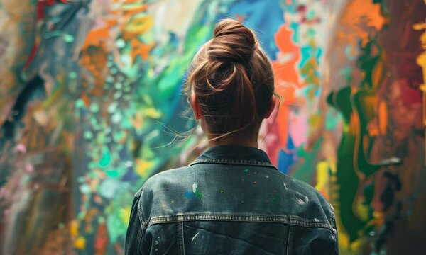 A person viewing a colorful abstract painting in an art gallery