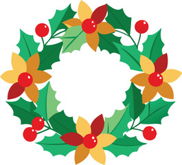 Fototapeta premium Colorful Christmas wreath adorned with flowers and berries, representing holiday decor, festive celebration, and seasonal cheer in a vibrant design.