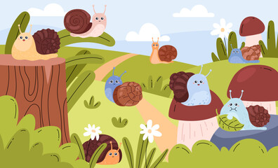 Vector illustrations with cute snails in a green clearing with flowers, mushrooms and leaves