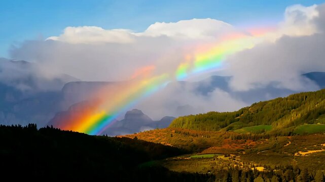 Animation of mountains with colorful rainbow in cloudy sky over field. Nature landscape after storm. Spring morning. St Patrick Day holiday symbol