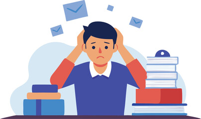 Stressed man overwhelmed by paperwork and emails, symbolizing work pressure, deadlines, and burnout in a modern business setting.