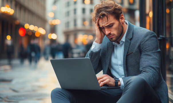 Worried male entrepreneur using laptop on street bench, displaying signs of stress with no office, urban setting. Displaced businessman coping with work challenges outside workspace