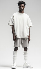 A young African American man wearing a loose-fitting oversized white t-shirt, shorts, and long socks, standing confidently against a white background, showcasing a minimalist and modern streetwear loo