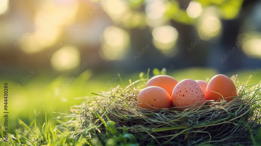 Wall mural nest with easter eggs in grass on a sunny spring day