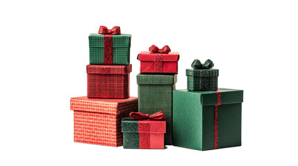 Different green and red christmas gift boxes stacked isolated on white background, PNG