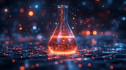 The digital laboratory flask icon with glowing data symbolizes the integration of AI into scientific experimentation and data analysis, accelerating research progress and discoveries design,
