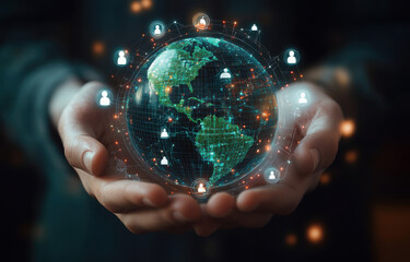 Fototapeta premium Businessman point at global online marketplace and reach for customer engagement with insight data analytic, business intelligence. SEO marketing big data strategy for worldwide omnichannel market.
