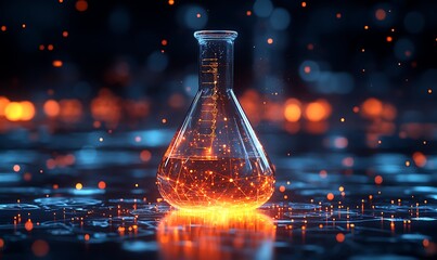 The digital laboratory flask icon with glowing data symbolizes the integration of AI into scientific experimentation and data analysis, accelerating research progress and discoveries design,