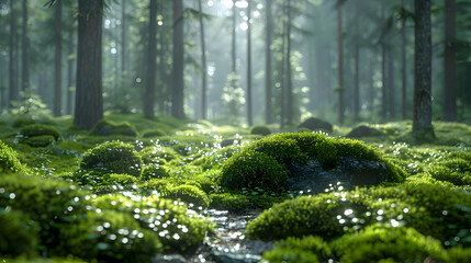 Fototapeta premium A forest clearing where 2D shadows transition into 3D moss-covered stones, captured with a soft focus lens for a tranquil atmosphere.