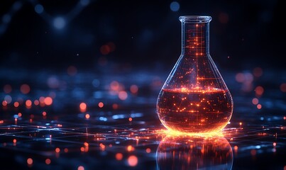 The digital laboratory flask icon with glowing data symbolizes the integration of AI into scientific experimentation and data analysis, accelerating research progress and discoveries design,