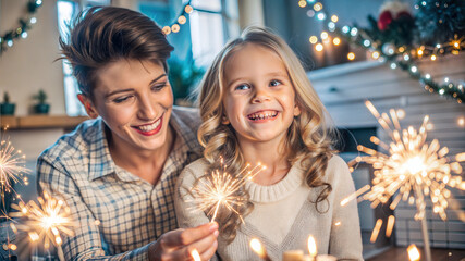 happy mother and daughter holding sparklers and smiling at camera at home