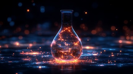 The digital laboratory flask icon with glowing data symbolizes the integration of AI into scientific experimentation and data analysis, accelerating research progress and discoveries design,