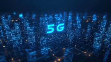 A conceptual design of 5G technology network infrastructure, with interconnected devices and seamless connectivity.
