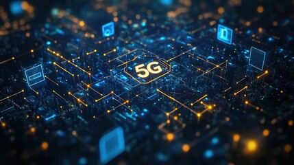A conceptual design of 5G technology network infrastructure, with interconnected devices and seamless connectivity.