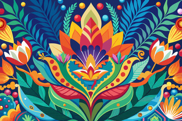 A bold image filled with vibrant floral patterns and abstract forms, creating a lively and visually engaging composition that highlights creativity and artistic expression
