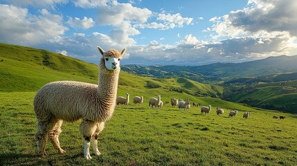 Fototapeta premium Tranquil alpacas feeding on a grassy hillside perfect for showcasing the serene beauty of pastoral views