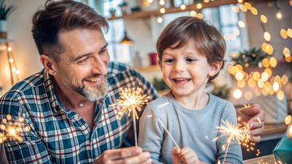 Happy father and son with sparklers celebrating new year eve at home
