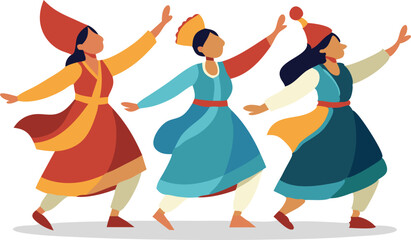Three women dancing in traditional colorful clothing, symbolizing cultural celebration, joy, and dance in a lively and cheerful illustration.