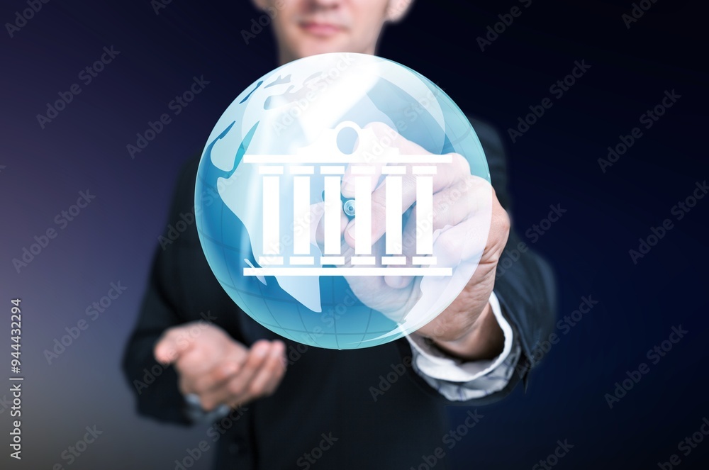 Poster Digital Banking Financial Technology. A person hold banking icons