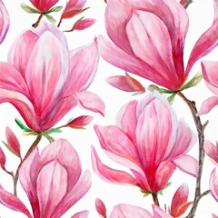 Flower Watercolor Seamless Pattern. Hand painted background with Pink Magnolia. Floral illustration for textile design or wallpaper