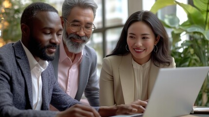 Group of diverse professionals collaborating at a modern office in the afternoon light while working on a laptop and sharing ideas