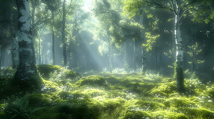 Obraz premium A forest clearing where 2D shadows blend into 3D moss-covered stones, captured with a wide-angle lens to capture depth.