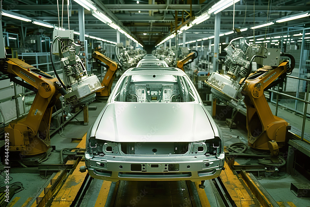 Aufkleber a car assembly line with a red car in the middle, generative ai image..