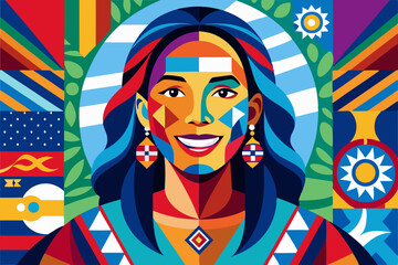 A vivid and artistic portrait of a smiling woman, created with a patchwork of colors and patterns, set against an international flags backdrop, capturing diversity and unity. 
