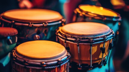 A close-up of percussion instruments, including congas, bongos, and a tambourine.