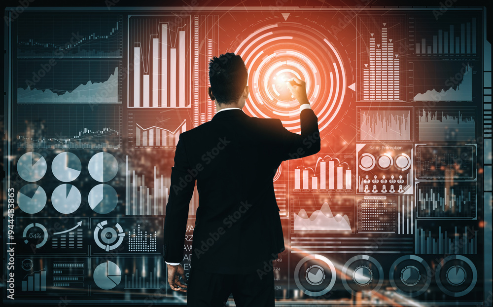 Poster big data technology for business finance analytic concept. modern interface shows massive informatio