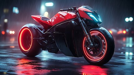Obraz premium Futuristic red motorcycle with glowing wheels on a wet city street at night.