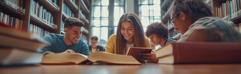 Students engaged in collaborative study session at a local library, surrounded by shelves of books in a bright, inviting atmosphere