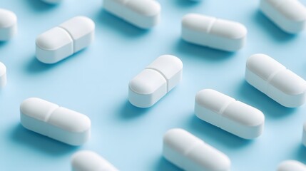 Pattern of white capsules neatly arranged on a light blue surface